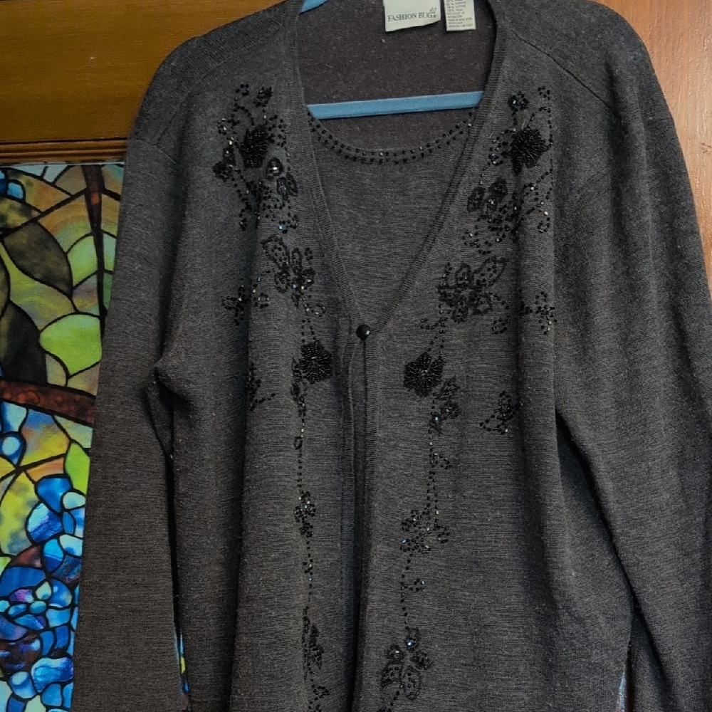 Fashion Bug Charcoal Gray Beaded V-Neck Cardigan